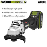 Worx WU806 Wireless Angle Grinder Brushless 20v 100x16mm 9500rpm Clutch Protection for Polishing Cutting Share Kress Battery
